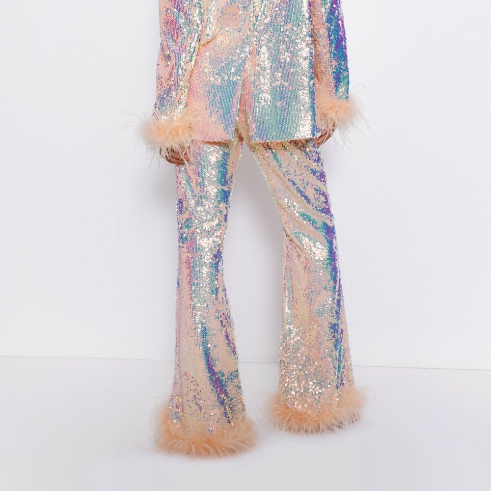 Premium Sequin Feather Trim Flare Pants disco boho partyβ